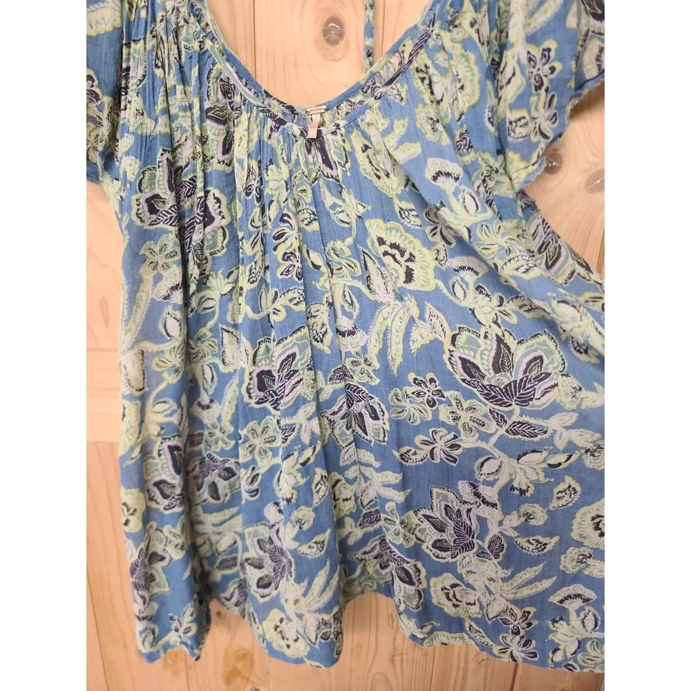 Free People Tunic Top /dress Womens S Blue Floral Short Sleeve Boho Pockets